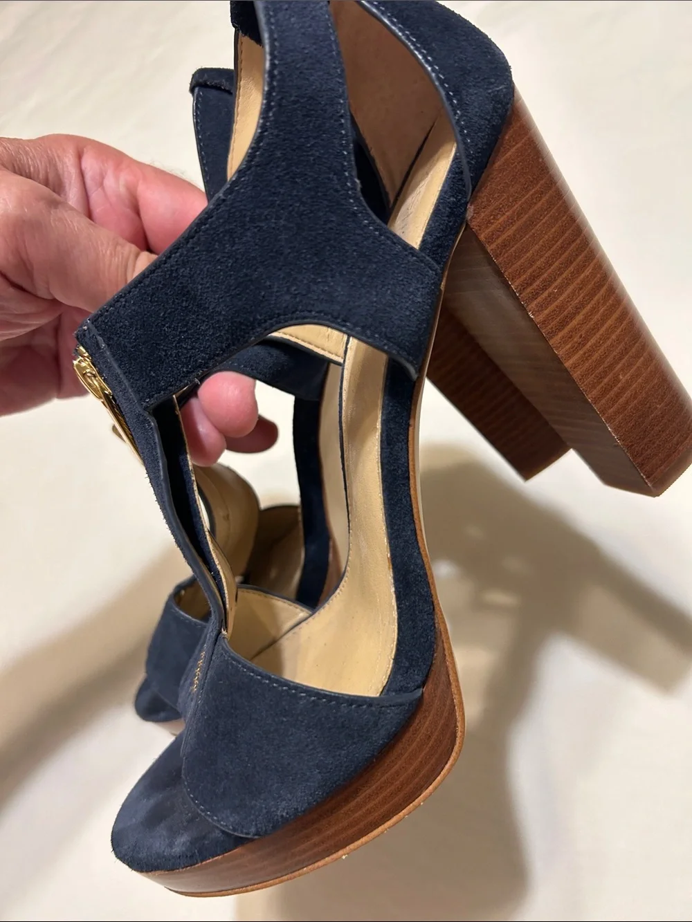 Michael Kors Navy Suede Zip-Front Block Heel Sandals